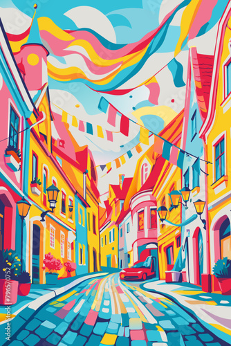Vibrant, Colorful Illustration of Quaint European Street with Festive Flags