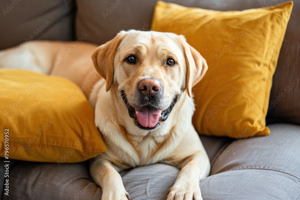 happy labrador dog lying on sofa in modern living room at home happy labrador dog lying on sofa in modern living room at home