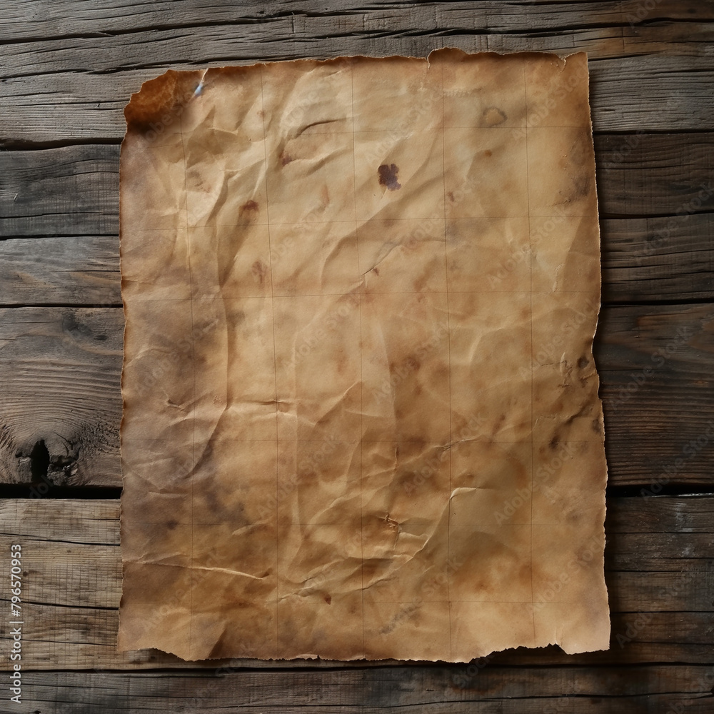 Antique Blank Crumpled Paper on Wooden Table Background