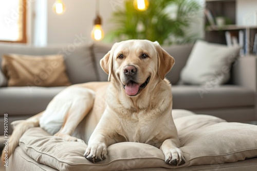 happy labrador dog lying on soft cushion in modern living room at home