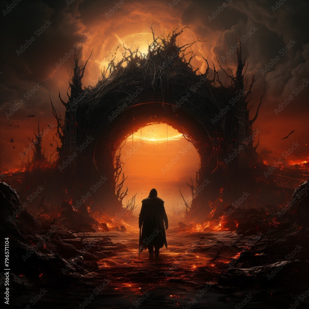 Fototapeta premium a person stands in front of the gate to the hell