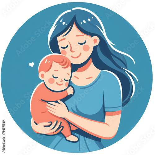 Round design of a mother carrying and embracing her baby - Decorative illustration of maternity and newborn concept isolated on a transparent background