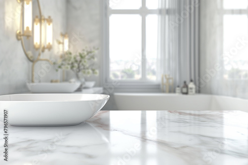 Luxurious white marble table with copy space in white elegance bath