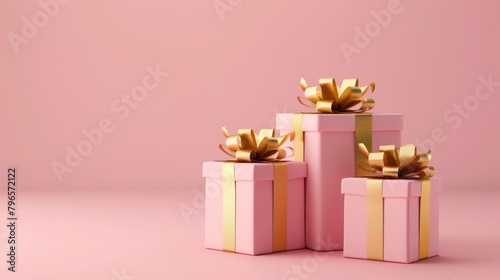 Three pink gift boxes with luxurious golden ribbons on a pale pink background. © Natalia