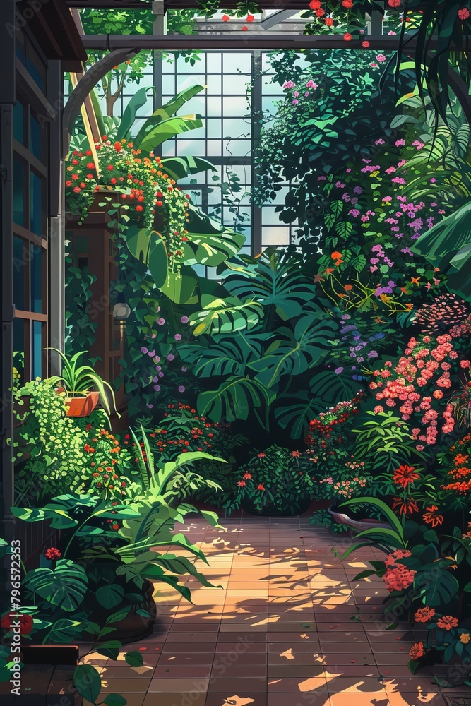 Vibrant illustration of a lush greenhouse garden with diverse flora and sunlight streaming through