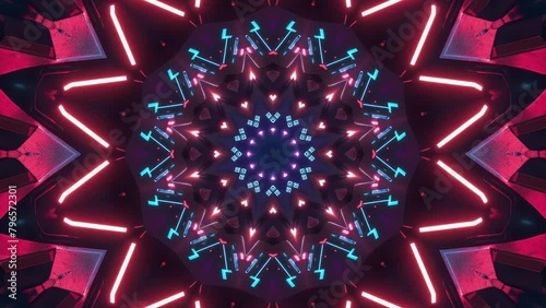Hypnotic seamless looping animation of a saber neon light kaleidoscope mandala, offering an electrifying experience in 4k.