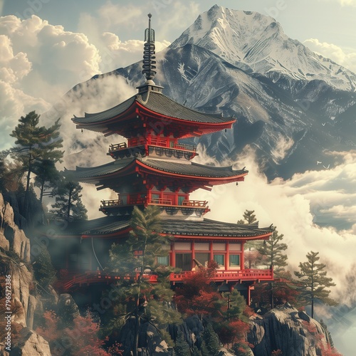 Morning Serenity: Japanese and Chinese Temples Amidst Oriental Landscapes