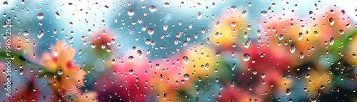 A floralpatterned podium with a soft, artistic blur of raindrops on a window overlooking a garden photo