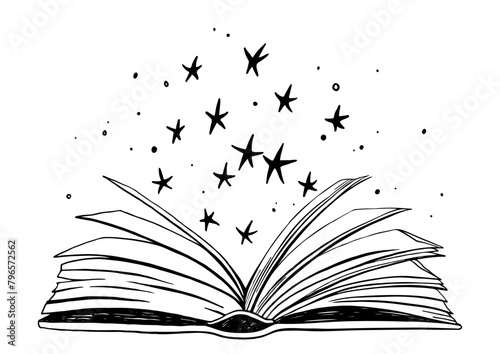 Shining Magic Book. An open paper book glows and sparkles. Black and white doodle sketch. Conceptual vector illustration about reading, education.