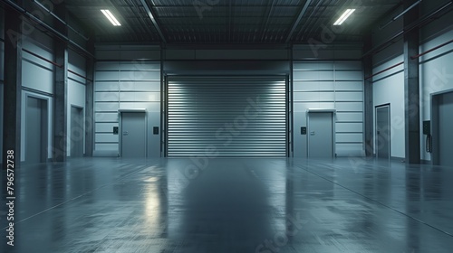 A spacious, empty industrial warehouse interior with multiple doors and a large rolling shutter.