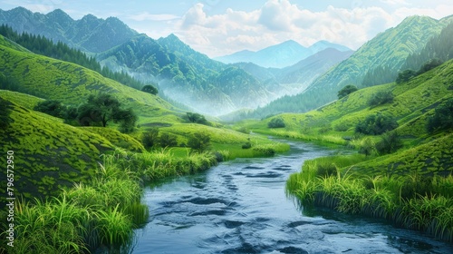 A beautiful mountain landscape with a river running through it