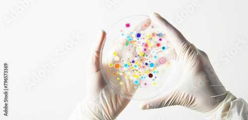 Petri dish with various bacteria cultures culture media with bacteria, Test various germs, virus, Coronavirus, COVID-19, Microbial population count, food science, Microbiology in La photo
