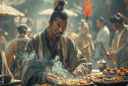 Ancient chinese market scene with traditional food vendor