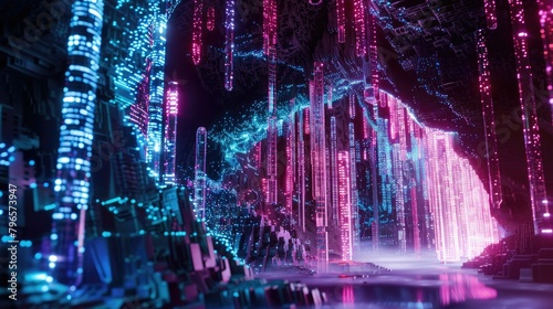 A futuristic cityscape with neon lights and a tunnel