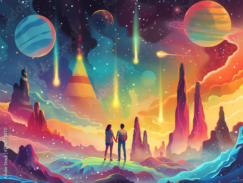 A couple at an intergalactic festival with participants from different planets, celebrating in unity