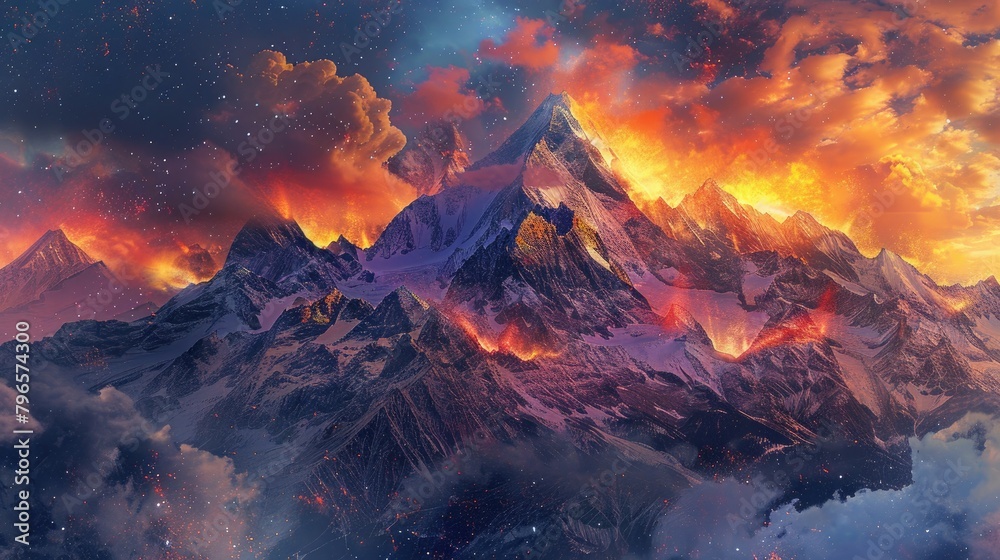 A mountain range with a fire on top of it