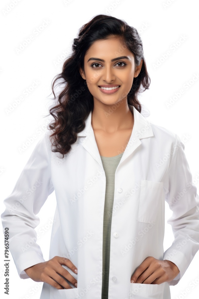 Indian female scientist portrait coat white background