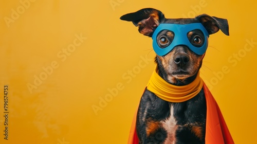 Adorable dog dressed as a superhero with a blue mask and red cape against a yellow background. photo