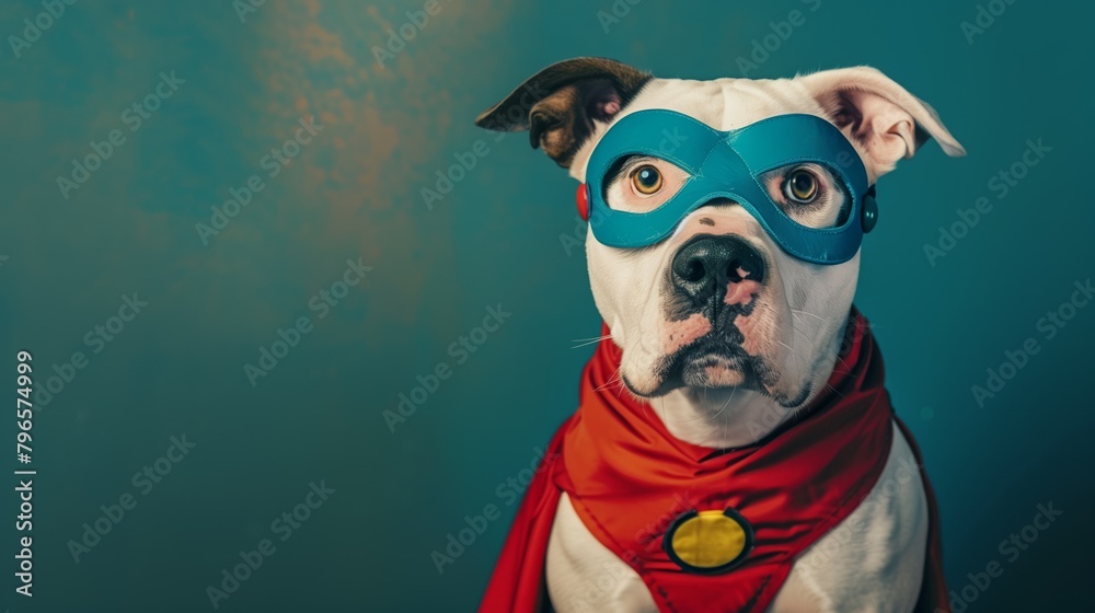 A whimsical portrait of a white dog dressed as a superhero with a blue mask and red cape. A whimsical portrait of a white dog dressed as a superhero with a blue mask and red cape.