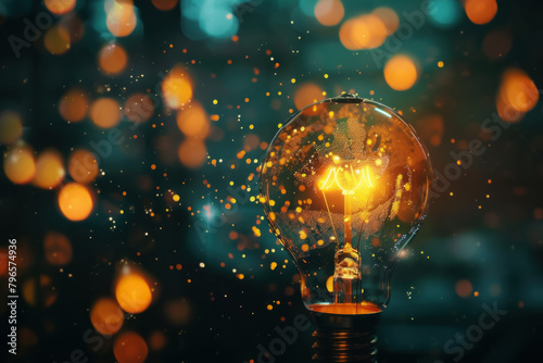 Light bulb illuminating with a sparkling explosion of glitter, creating a concept of creativity and innovation.