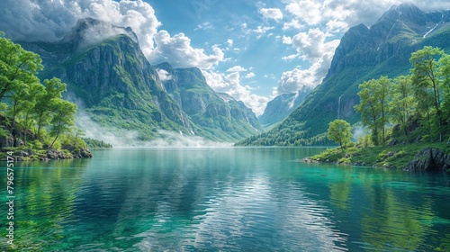 Striking fjord landscape  characterized by crystal-clear turquoise waters  verdant greenery  and rugged mountains partially enshrouded in mist. 