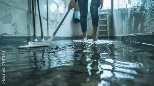 A woman is standing in a flooded bathroom with a mop in her hand