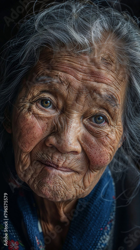 Elderly Asian Woman with a Kind Smile Portrait of an elderly Asian woman with kind eyes and a warm  crinkled smile.