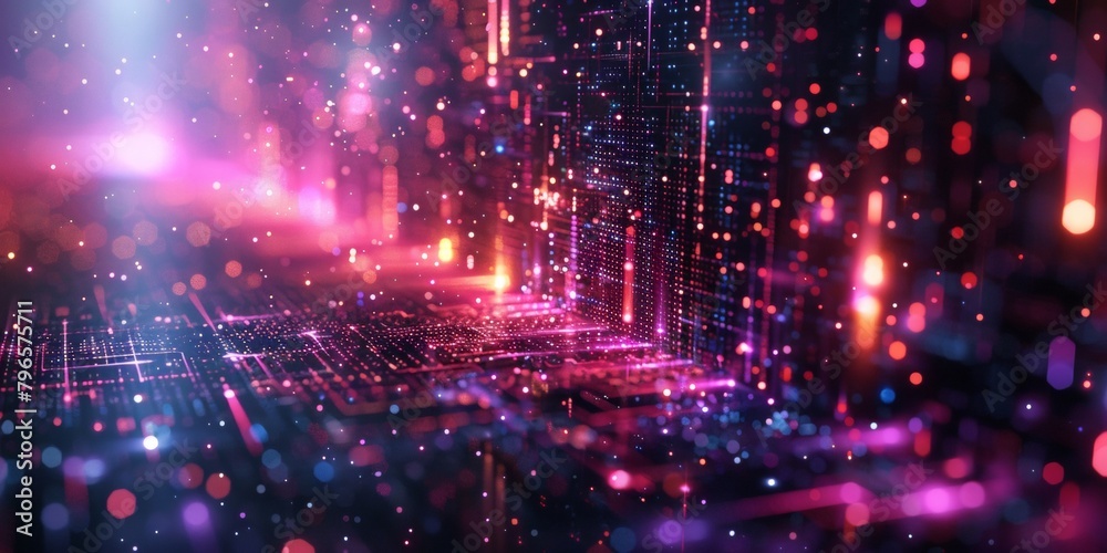 A bright, colorful cityscape with a lot of lights and a lot of dots