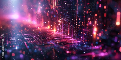 A bright  colorful cityscape with a lot of lights and a lot of dots