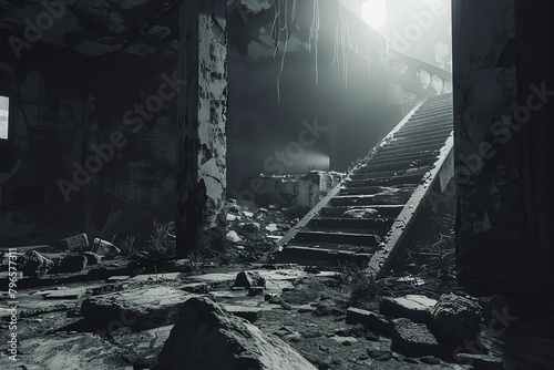 A dark and gloomy room with a staircase leading up to a bright light. The room is filled with rubble and debris. photo