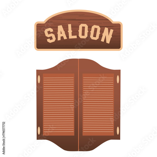 Saloon vintage wooden sign and doors, cowboy aesthetic concept. Wild west, country style. Flat vector illustration isolated on white background. Element for print, banner, card, brochure, logo