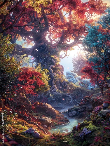 An illustration of a magical forest with a giant tree in the center © wilaiwan