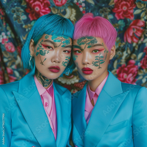 portrait asian twins in their 30s, in blue and pink suits, with tattoo on their faces, their eyes are fire green. pink and blue hairs 