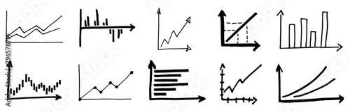 Collection Set of hand-drawn business graphs or statistic charts, data analysis infographics vectors, measuring performance, value and growth symbols, poster design elements