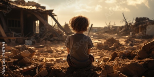 Sad child in a destroyed city. Natural disasters or war.  photo