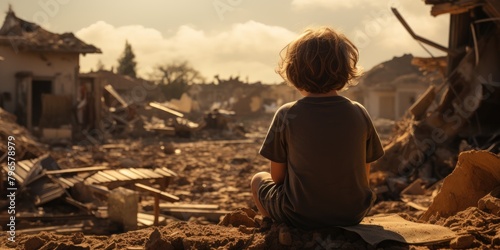 Sad child in a destroyed city. Natural disasters or war. Generative AI photo