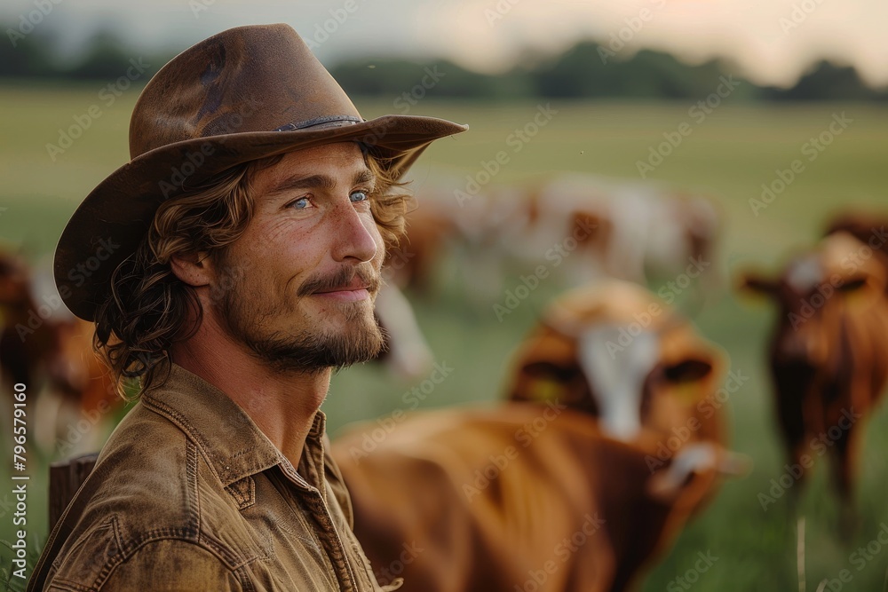 A cowboy in a hat overlooks a herd of cattle in a vast field, embodying the essence of rural farm life at dusk