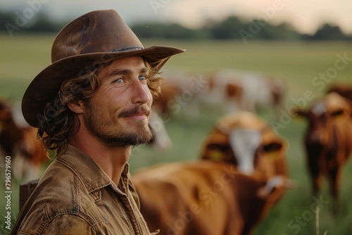 A cowboy in a hat overlooks a herd of cattle in a vast field, embodying the essence of rural farm life at dusk photo