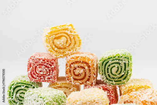 Traditional Turkish delight isolated on white background. Close up.