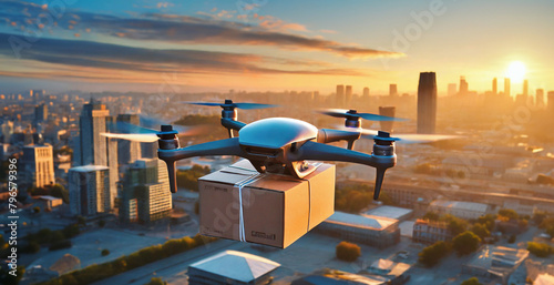 Urban Logistics: Autonomous Drone Navigates Sunset Skyline, Delivering Package Amid Cityscape