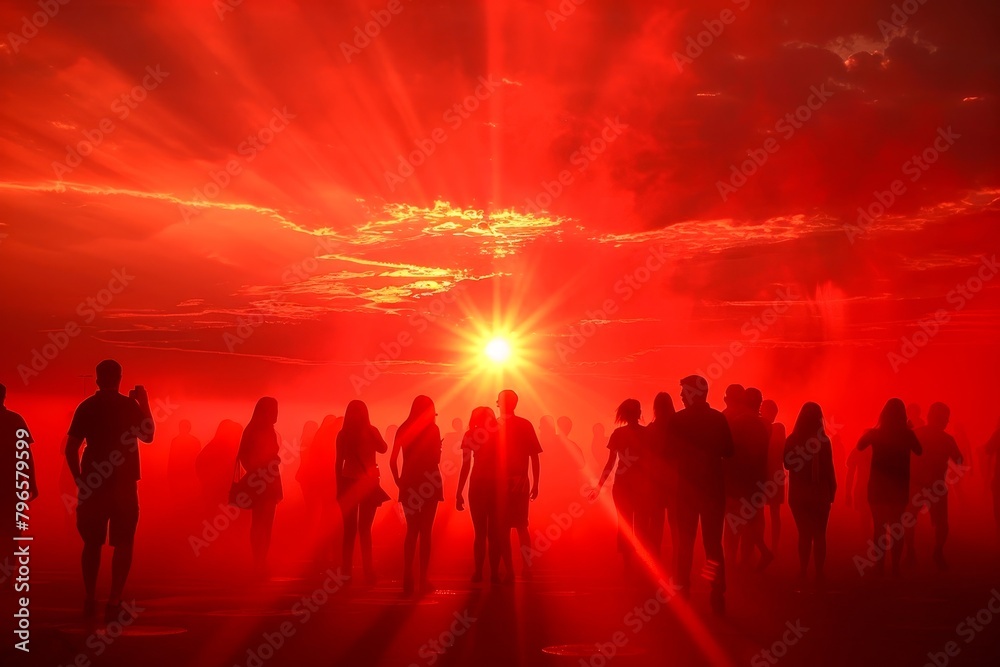 People walking in a red foggy field at sunset