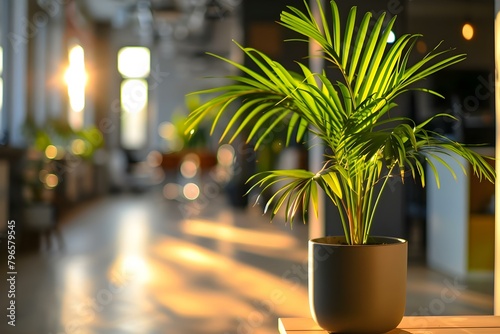 Enhancing the Modern Office Setting with a Sunny Office Plant. Concept Office Greenery, Indoor Plants, Workspace Decor, Sunlight Boost, Biophilic Design,