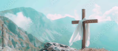 Picturesque landscape of an old wooden cross with a scarf of white fabric against a backdrop of mountains and blue sky. Faith, Orthodoxy, symbol of hope.