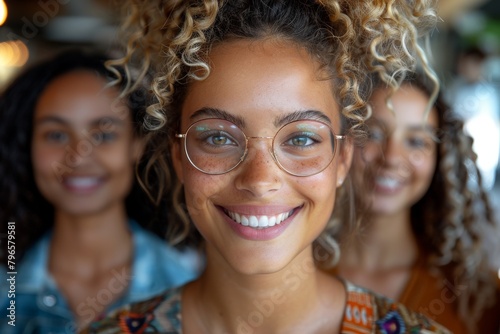 A focused shot of a young woman with curly hair and eyeglasses, smiling warmly, with others out of focus in the background