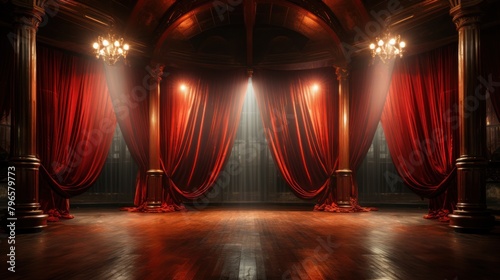 Red theater curtain with spotlights and wooden floor background photo