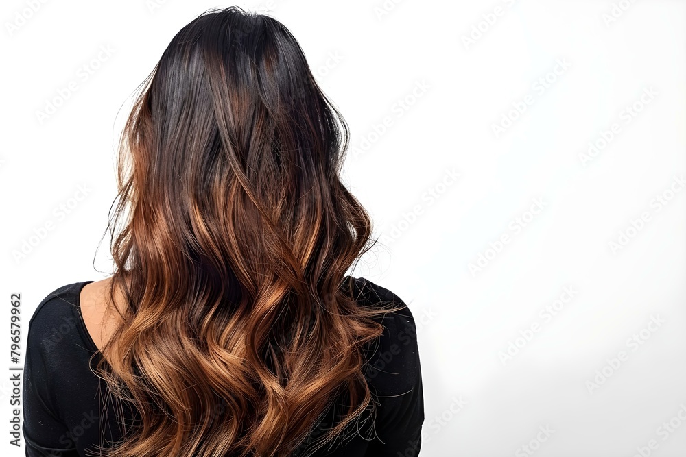 Naklejka premium Portrait of a woman showcasing balayage highlights on a white background. Concept Fashion, Hairstyle, Beauty, Balayage Highlights, White Background