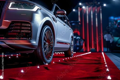 Luxury SUV on red carpet at movie premiere in 3D render. Concept Luxury SUV, Red Carpet, Movie Premiere, 3D Render photo
