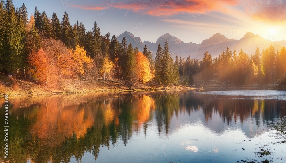 Fototapeta premium Radiant Reflections: Capturing Autumn's Sunlit Splendor