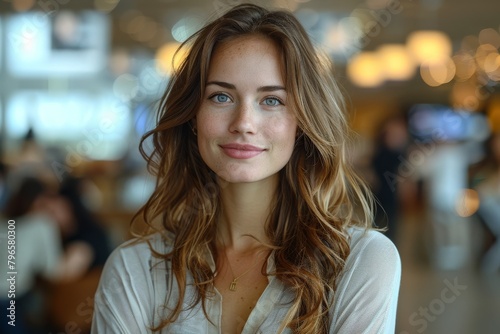 A naturally beautiful young woman poses indoors with a gentle and confi