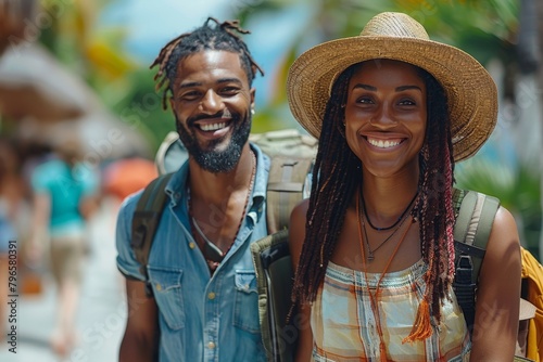 A beaming couple with radiant smiles enjoying a sunny tropical vacation, showing joy and partnership photo